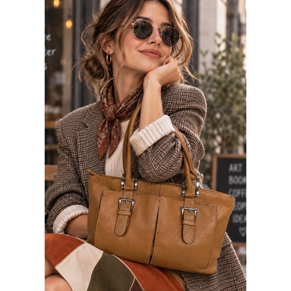 Tignanello Tan Pebbled Leather Shoulder Bag Buckle Detail Tote Cognac